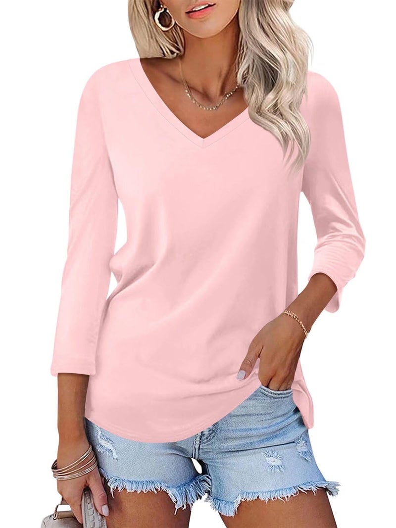 Minetom Women's V Neck 3/4 Sleeve T Shirt Solid Casual Basic Tops Summer Tees - Image 1