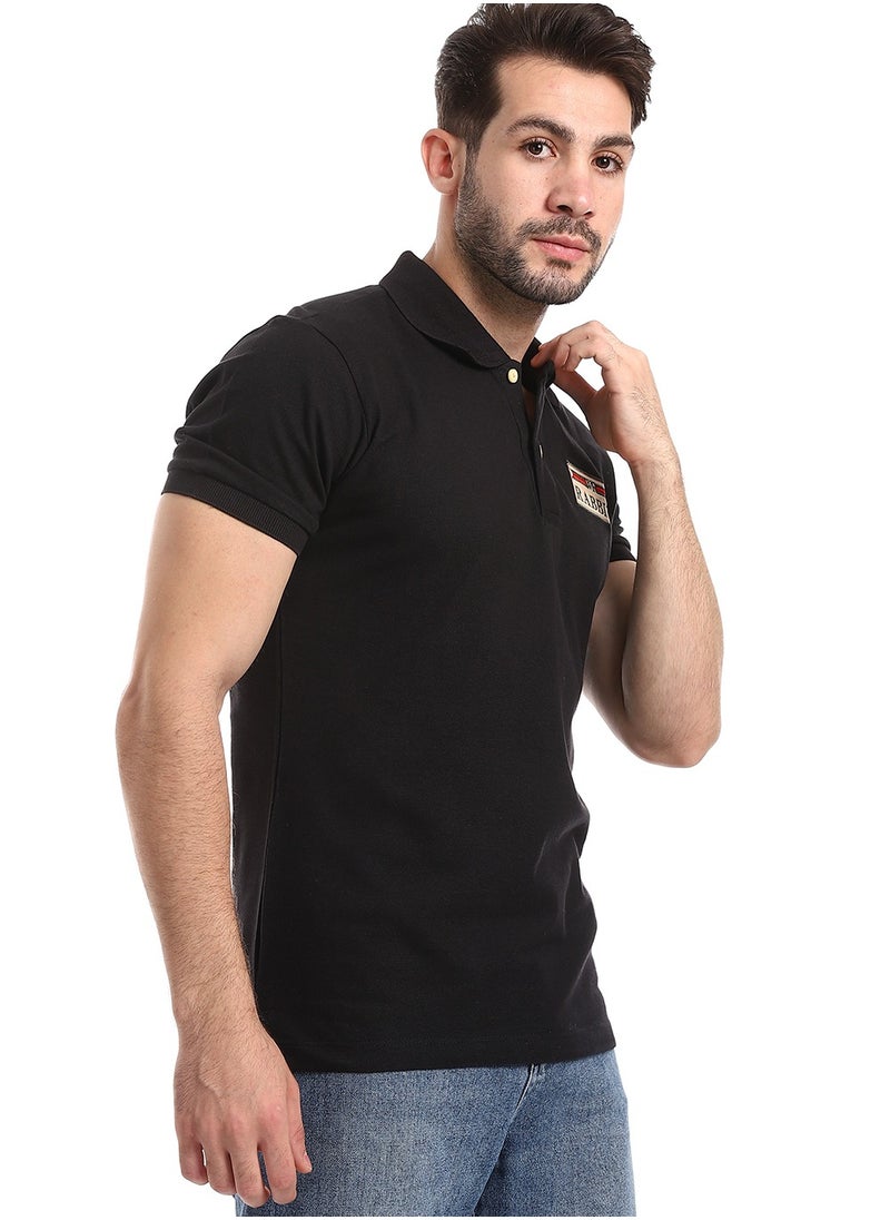 WHITE RABBIT - Double Buttoned Short Sleeves Pique Black Polo - Image 1