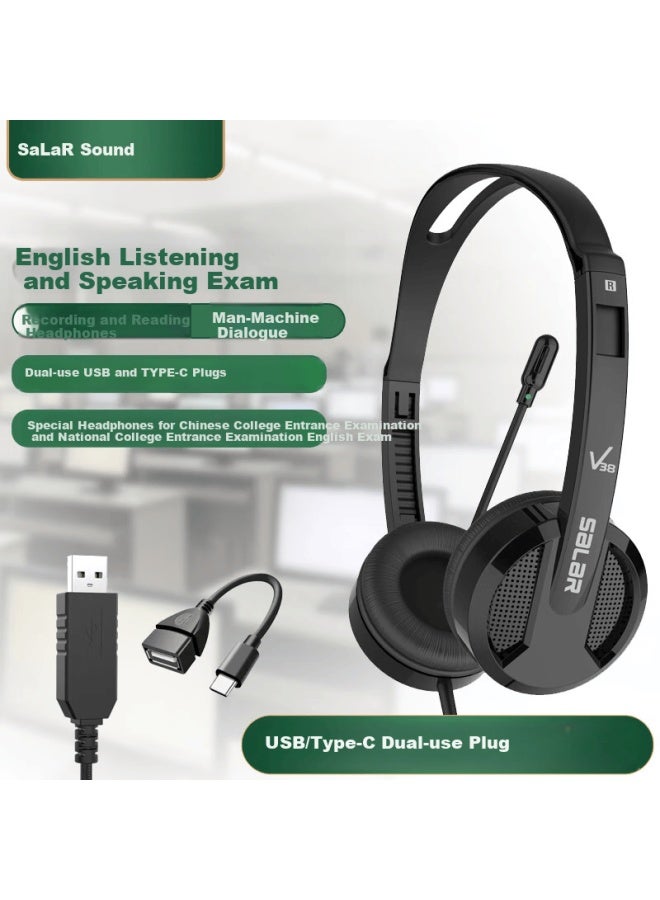 Salar V38 Computer Headphones For English Listening And Speaking Exams, Human-computer Dialogue Practice, English Learning Headphones With Microphone, Student Over-ear Design, Usb Plug And Type-c Port Compatible, Universal Black Color
