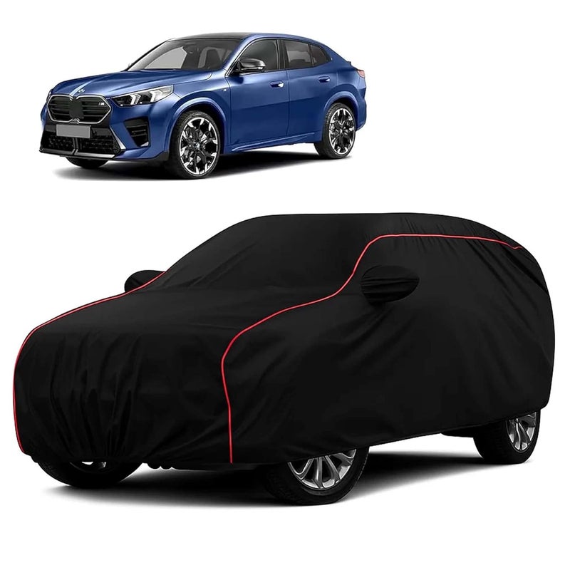 sulfar 100% Water Resistant Car Body Cover Compatible with Mirror for BMW X2 (Triple Stitched, Full Bottom Elastic, Black with Red Piping) - Image 1