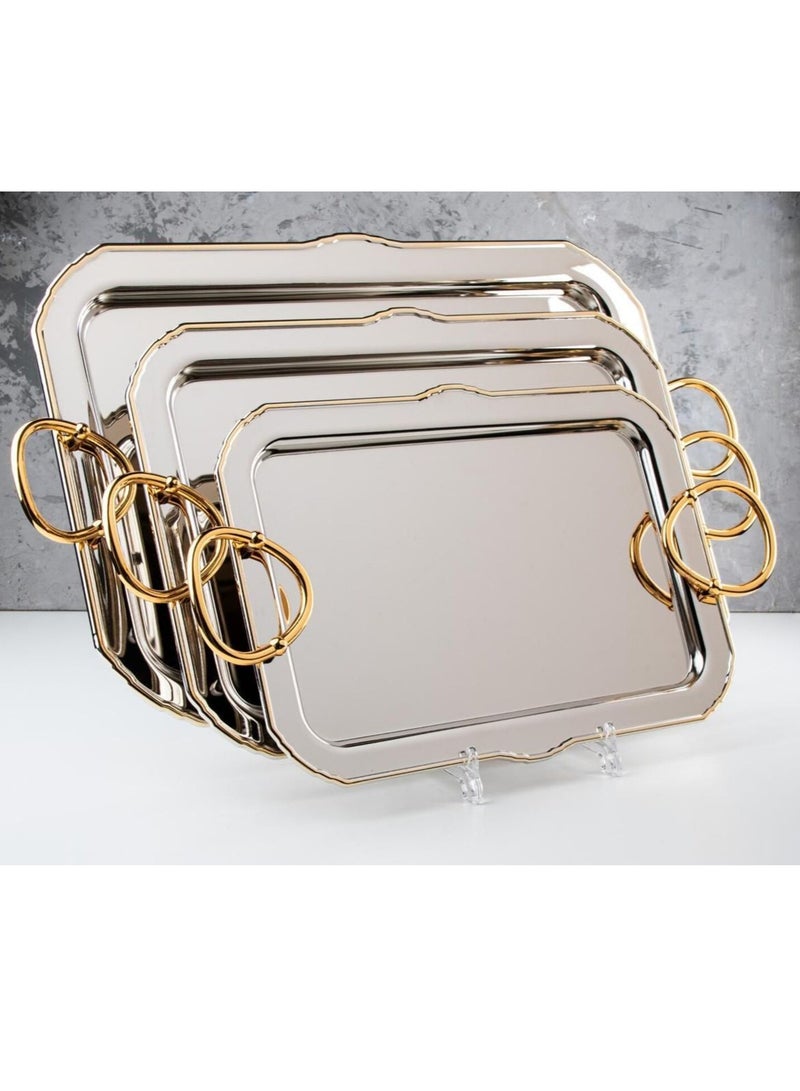 3-piece stainless steel serving tray set with gold stripes  - Image 1