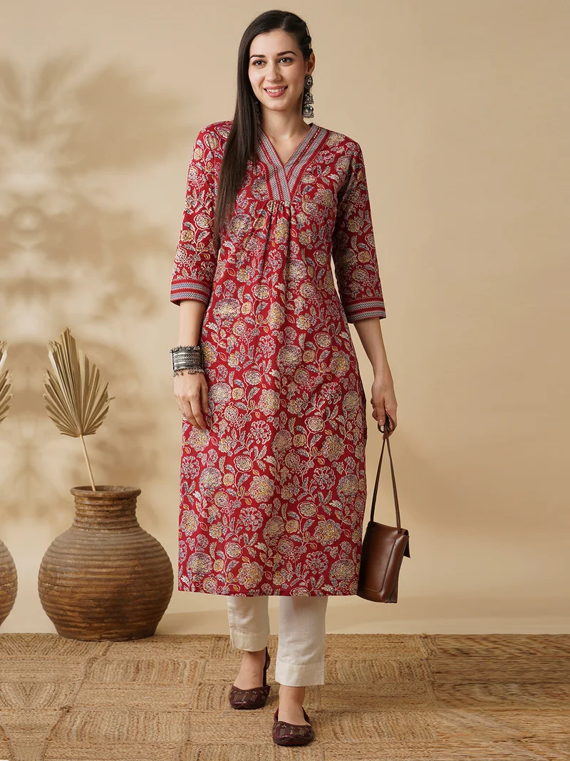 globus Globus Women Allover Floral Printed Sequin Detail V-Neck Pleated A-Line Kurta