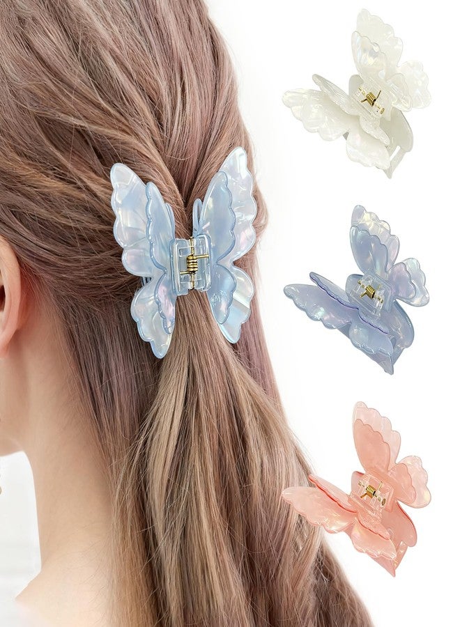 MOASIOP Butterfly Hair Clip 3-Piece Set - 2.5-inch Medium Non-Slip Double-Layer Butterfly Hair Clips, Cute Hair Accessories for Women and Girls (White + Blue + Pink) - Image 1
