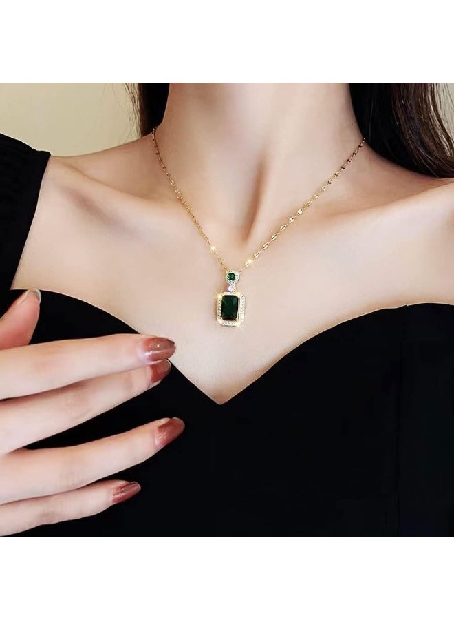 Julia Store Princess Style Rhinestone Zircon Simulated Green Emerald-Cut Pendant Earrings Ring Necklace for Women Square Cubic Zirconia Aesthetic 18K Gold Plated Stainless Steel Jewelry Set of 2 - Image 2