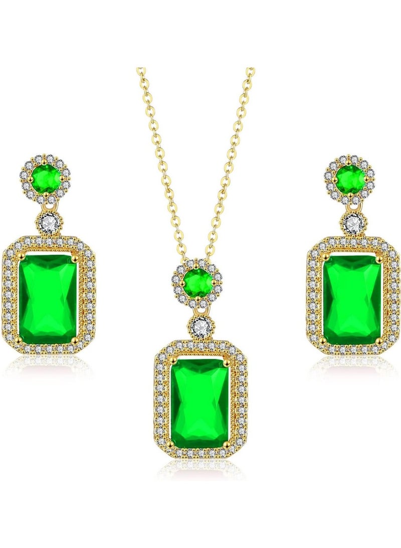 Julia Store Princess Style Rhinestone Zircon Simulated Green Emerald-Cut Pendant Earrings Ring Necklace for Women Square Cubic Zirconia Aesthetic 18K Gold Plated Stainless Steel Jewelry Set of 2 - Image 1