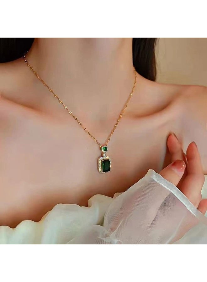 Julia Store Princess Style Rhinestone Zircon Simulated Green Emerald-Cut Pendant Earrings Ring Necklace for Women Square Cubic Zirconia Aesthetic 18K Gold Plated Stainless Steel Jewelry Set of 2 - Image 4