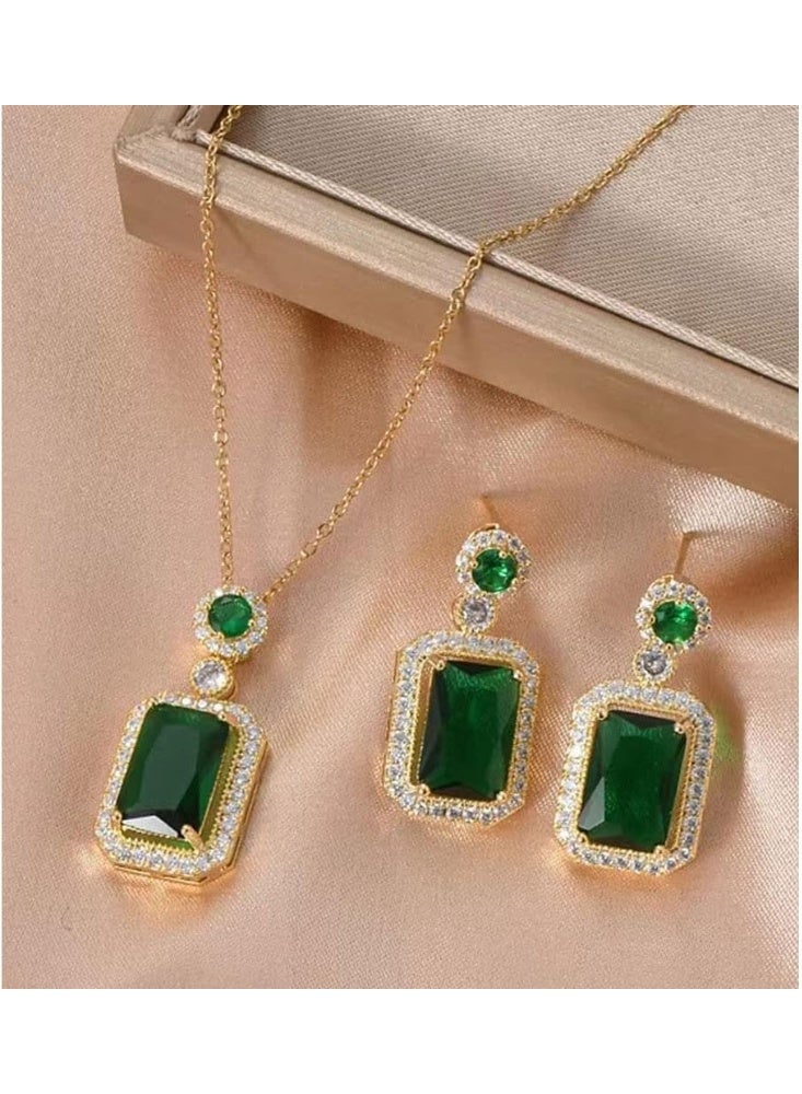 Julia Store Princess Style Rhinestone Zircon Simulated Green Emerald-Cut Pendant Earrings Ring Necklace for Women Square Cubic Zirconia Aesthetic 18K Gold Plated Stainless Steel Jewelry Set of 2 - Image 5