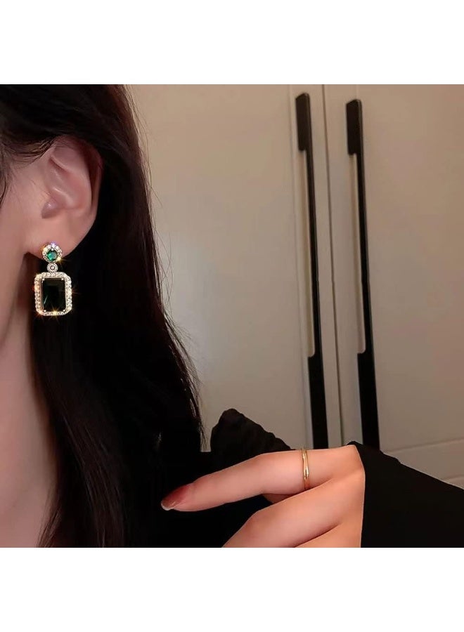 Julia Store Princess Style Rhinestone Zircon Simulated Green Emerald-Cut Pendant Earrings Ring Necklace for Women Square Cubic Zirconia Aesthetic 18K Gold Plated Stainless Steel Jewelry Set of 2 - Image 3