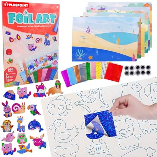 PLUSPOINT Foil Art Kit for Kids Animals Theme 100+ Foam Stickers Arts and Crafts, No Mess Art for Kids, Fun Craft Kits & Supplies, DIY Creative Activities, Travel Toys Gifts for Girls & Boys Ages 5+ - Image 1