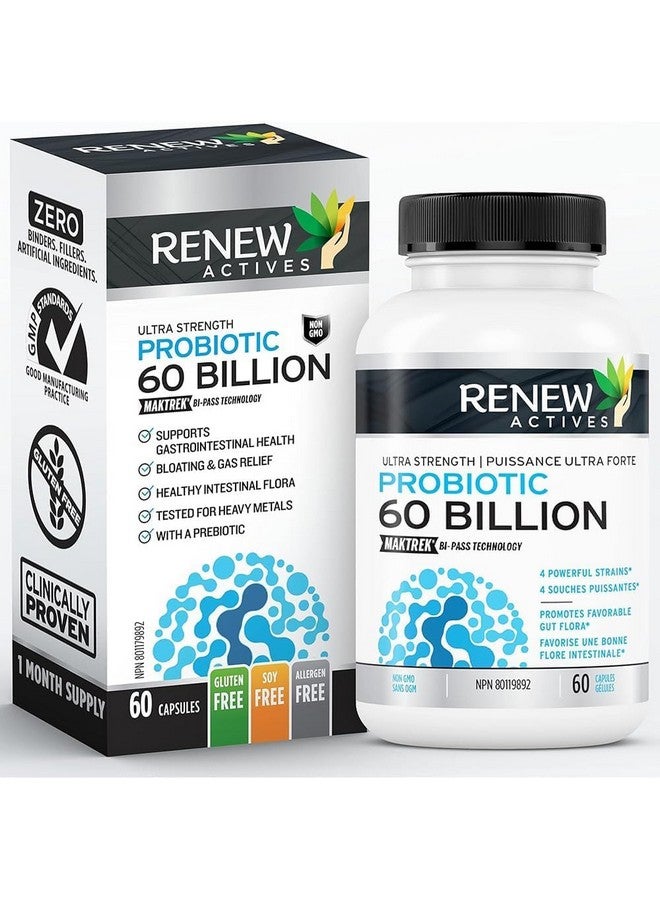 Renew Actives Probiotic Supplement for Digestive Health 60 Billion CFU per 2 Capsules - Advanced Formula with Prebiotic Benefits - Supports Gut Flora Balance & Wellness - Made in Canada - 60 Capsules - Image 1
