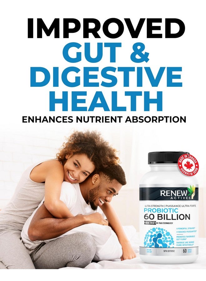 Renew Actives Probiotic Supplement for Digestive Health 60 Billion CFU per 2 Capsules - Advanced Formula with Prebiotic Benefits - Supports Gut Flora Balance & Wellness - Made in Canada - 60 Capsules - Image 5