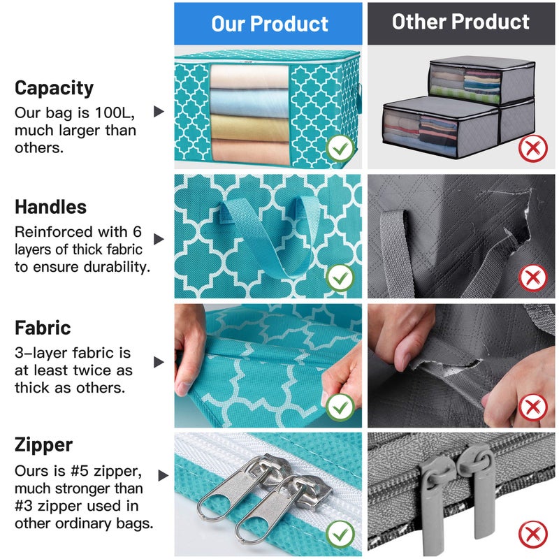 الحكمة والحياة أكياس تخزين Wiselife سعة 100 لتر، 4 عبوات كبيرة لتنظيم الملابس وحاويات تخزين لألحفة الفراش، منظم قابل للطي مع مقبض معزز، نافذة شفافة، سحابات قوية باللون الأخضر - Image 3