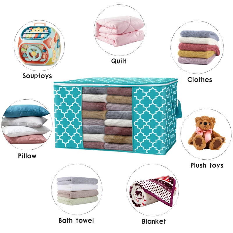 الحكمة والحياة أكياس تخزين Wiselife سعة 100 لتر، 4 عبوات كبيرة لتنظيم الملابس وحاويات تخزين لألحفة الفراش، منظم قابل للطي مع مقبض معزز، نافذة شفافة، سحابات قوية باللون الأخضر - Image 4