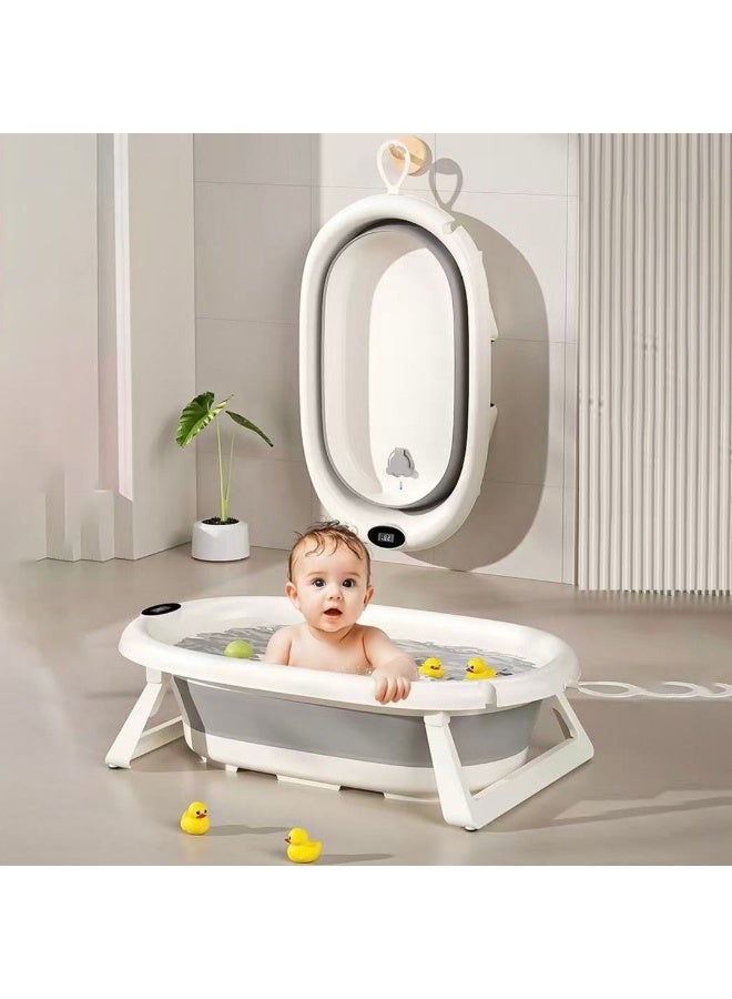 Baby bathtub with digital thermometer, drain plug, and hanging ring; foldable, travel-friendly, non-slip bathtub; gray. - Image 2