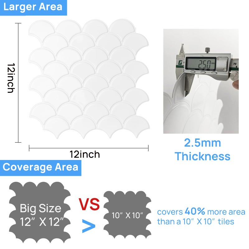 AdoDecor Peel and Stick Tile for Kitchen Backsplash, Grand Fish Scale Fan Shape Stick on Tiles, Self Adhesive Backsplash Tiles (Whtie). - Image 4