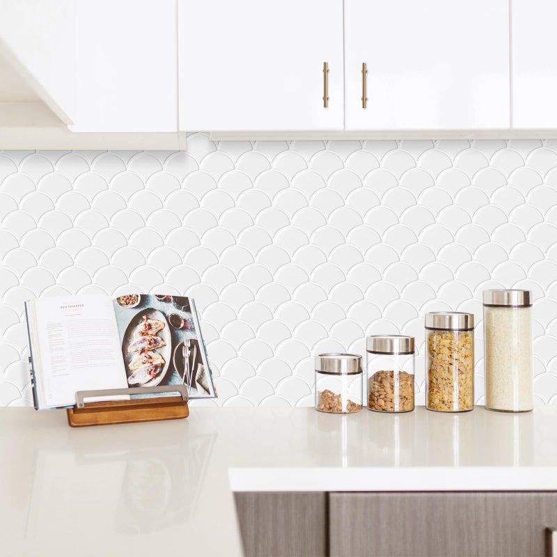AdoDecor Peel and Stick Tile for Kitchen Backsplash, Grand Fish Scale Fan Shape Stick on Tiles, Self Adhesive Backsplash Tiles (Whtie). - Image 2