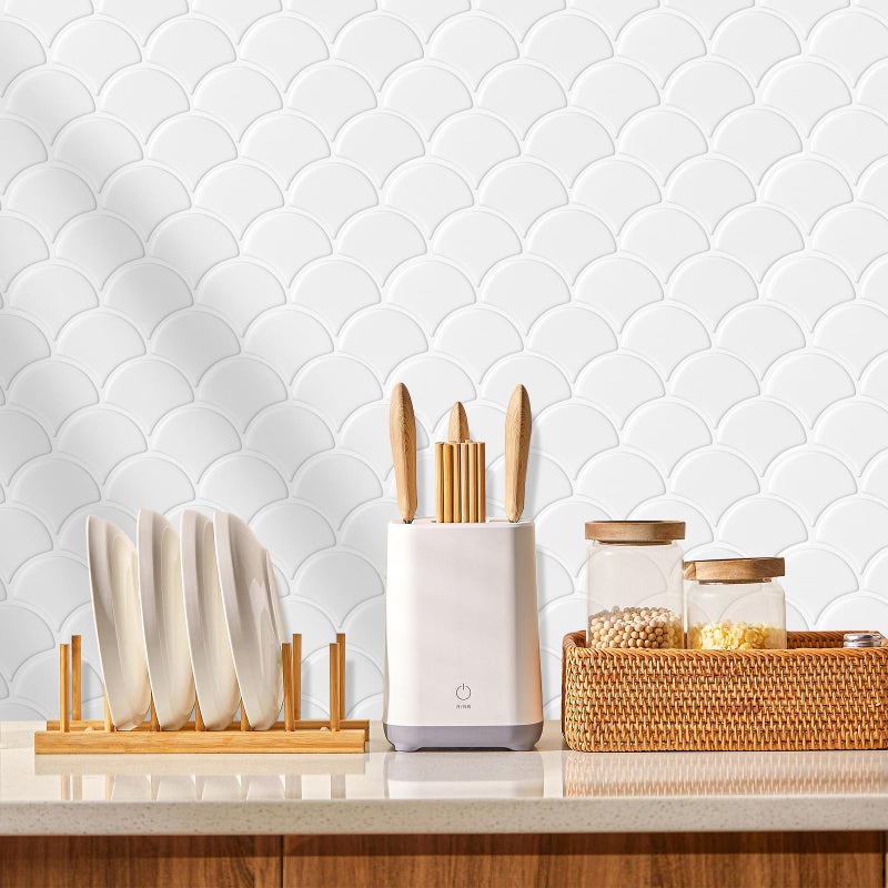 AdoDecor Peel and Stick Tile for Kitchen Backsplash, Grand Fish Scale Fan Shape Stick on Tiles, Self Adhesive Backsplash Tiles (Whtie). - Image 3