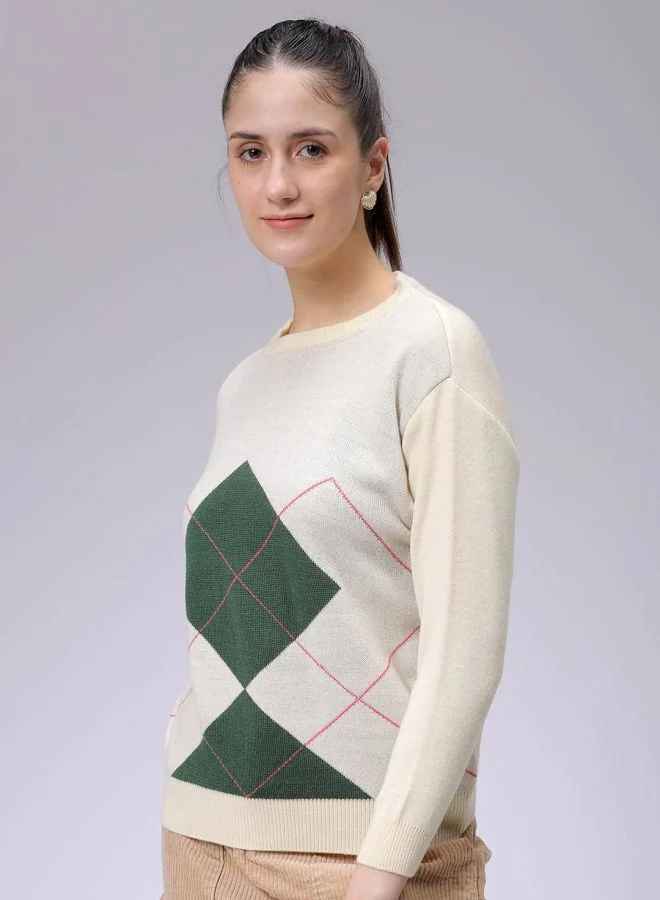 مرفوعة Women Relaxed Fit Argyle Regular Sweater