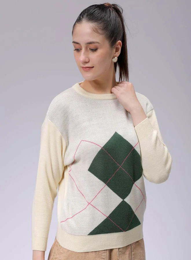مرفوعة Women Relaxed Fit Argyle Regular Sweater