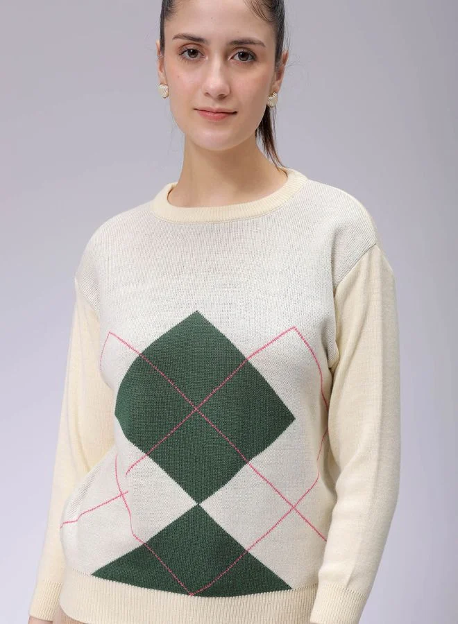 مرفوعة Women Relaxed Fit Argyle Regular Sweater