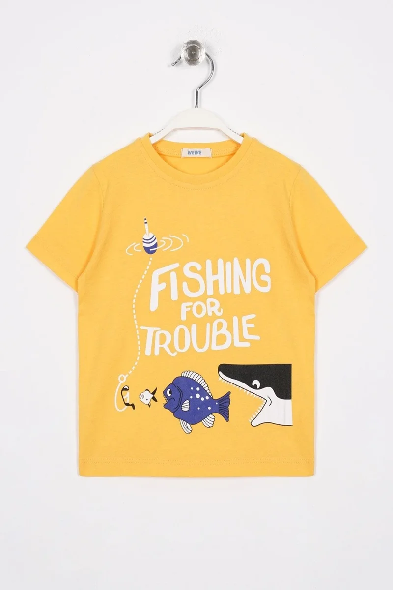 Zepkids Crew Neck Short Sleeve Born To Be Text Printed Short Sleeve Mustard Color Boy T-shirt