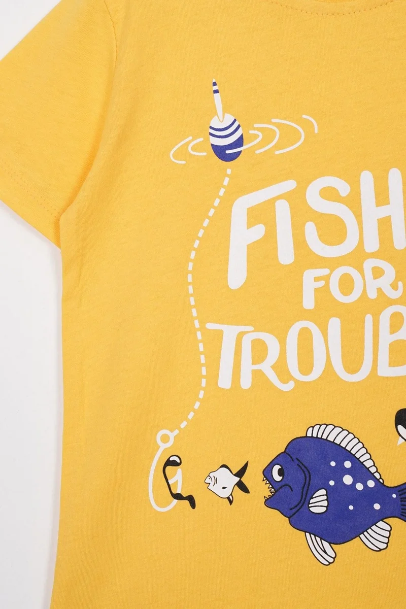 Zepkids Crew Neck Short Sleeve Born To Be Text Printed Short Sleeve Mustard Color Boy T-shirt