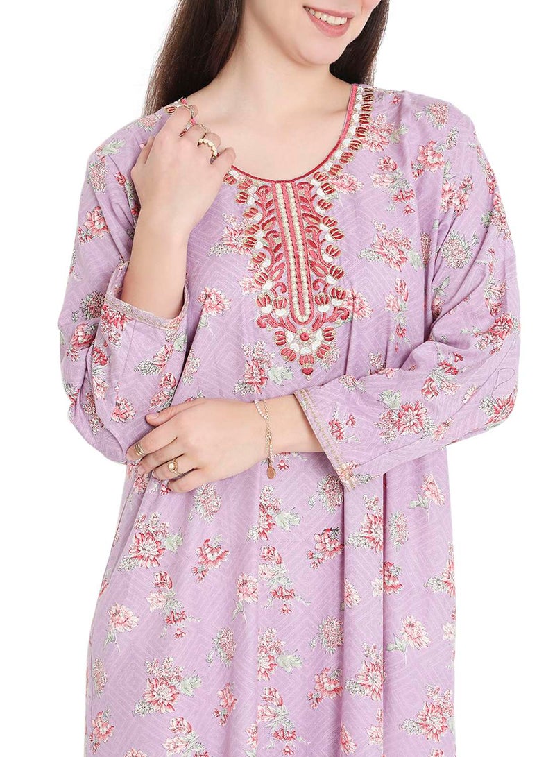 UNIQUE NECK THREAD EMBROIDERY LONG FULL SLEEVES PRINTED ARABIC KAFTAN JALABIYA DRESS