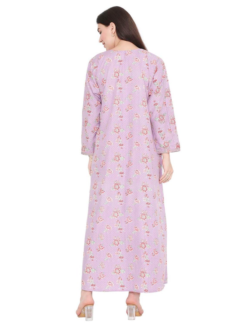UNIQUE NECK THREAD EMBROIDERY LONG FULL SLEEVES PRINTED ARABIC KAFTAN JALABIYA DRESS