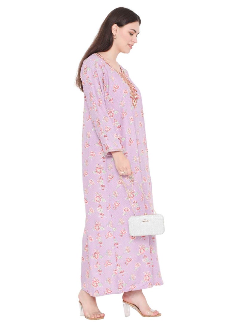 UNIQUE NECK THREAD EMBROIDERY LONG FULL SLEEVES PRINTED ARABIC KAFTAN JALABIYA DRESS