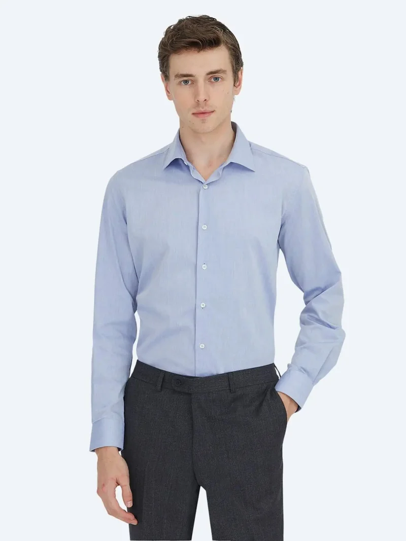 Kip Light Navy Blue Regular Fit Weaving Classical Cotton Blended Shirt