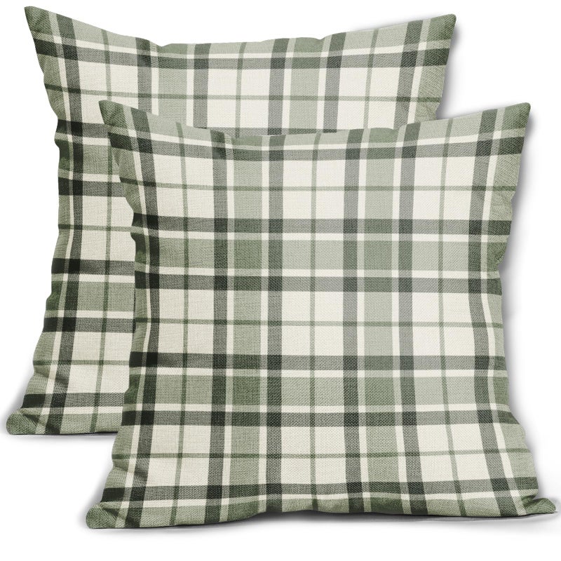 Aytipun Sage Green Plaid Pillow Covers 18x18 Set of 2 Grey Cream Buffalo Plaid Tartan Print Spring Decorative Outdoor Pillowcases Farmhouse Rustic Throw Cushion Case Decor for Home Couch Sofa Bed - Image 1
