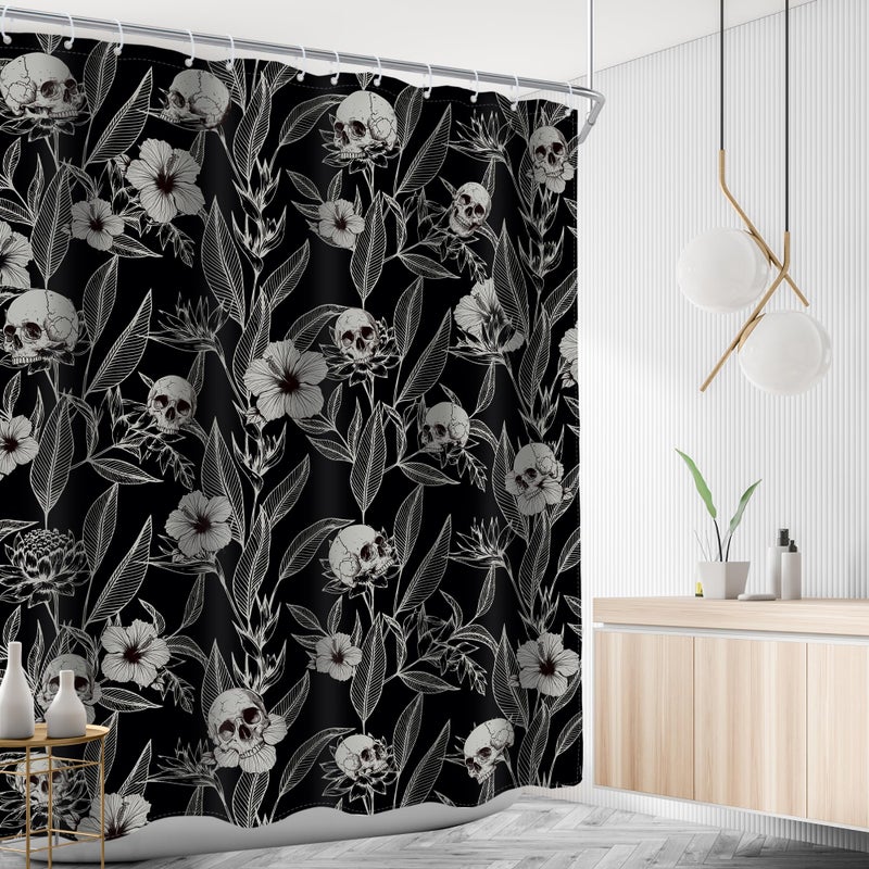 AMBZEK Gothic Skull Floral Shower Curtain 60Wx72L Inch Men Goth Skeleton Spooky Sugar Skull Flower Leaves Cool Halloween Artwork Cloth Fabric Waterproof Polyester Bathroom Decor Set with 12 Pack Hooks - Image 3
