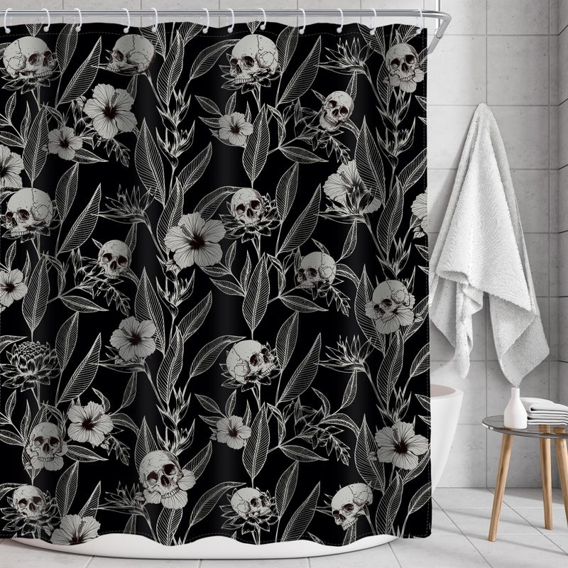 AMBZEK Gothic Skull Floral Shower Curtain 60Wx72L Inch Men Goth Skeleton Spooky Sugar Skull Flower Leaves Cool Halloween Artwork Cloth Fabric Waterproof Polyester Bathroom Decor Set with 12 Pack Hooks - Image 2