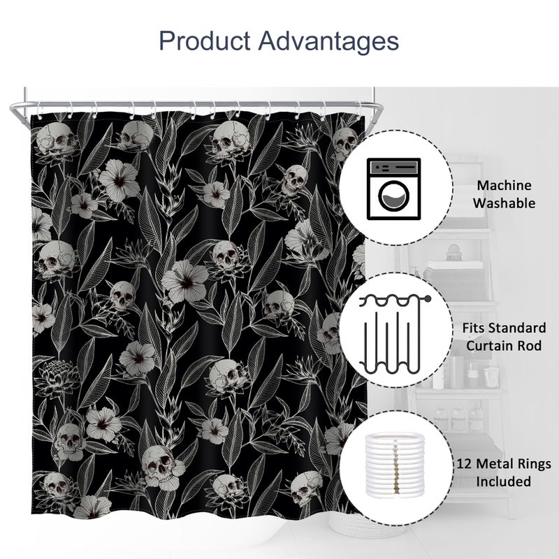 AMBZEK Gothic Skull Floral Shower Curtain 60Wx72L Inch Men Goth Skeleton Spooky Sugar Skull Flower Leaves Cool Halloween Artwork Cloth Fabric Waterproof Polyester Bathroom Decor Set with 12 Pack Hooks - Image 5