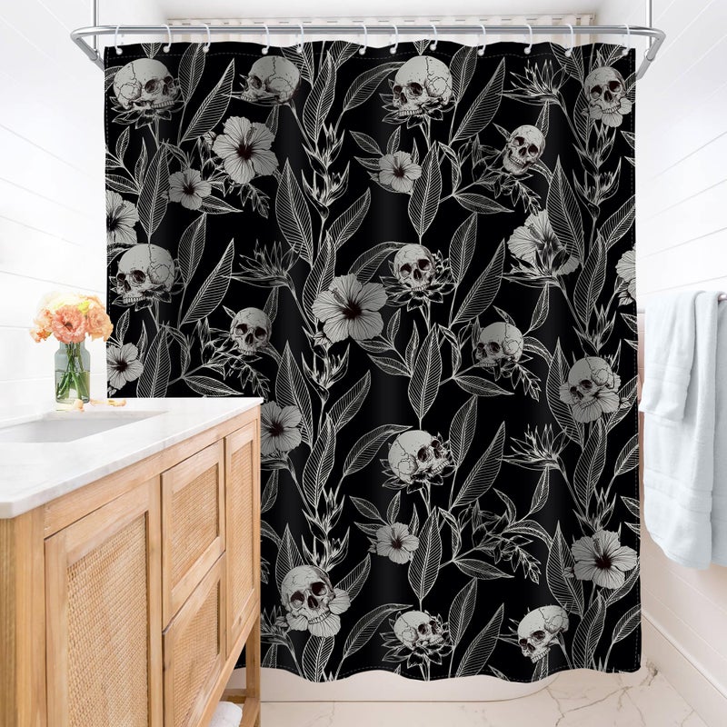 AMBZEK Gothic Skull Floral Shower Curtain 60Wx72L Inch Men Goth Skeleton Spooky Sugar Skull Flower Leaves Cool Halloween Artwork Cloth Fabric Waterproof Polyester Bathroom Decor Set with 12 Pack Hooks - Image 4