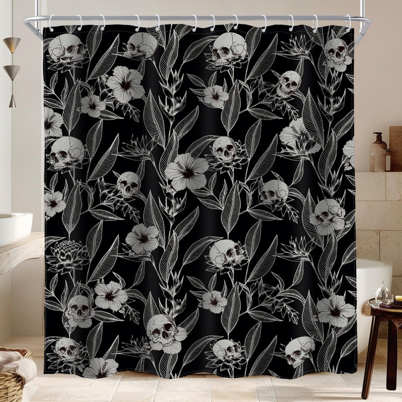AMBZEK Gothic Skull Floral Shower Curtain 60Wx72L Inch Men Goth Skeleton Spooky Sugar Skull Flower Leaves Cool Halloween Artwork Cloth Fabric Waterproof Polyester Bathroom Decor Set with 12 Pack Hooks - Image 1