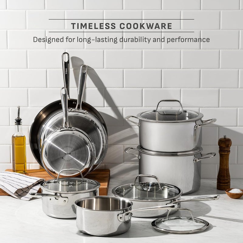 T-fal Tefal Pro Tri-Ply Stainless Steel Cookware Set 13 Piece, Induction Compatible Oven Safe 500F, Lids 350F, Fast & Even Heat, Professional Quality & Durability, Pots and Pans Set, Dishwasher Safe, Silver - Image 4