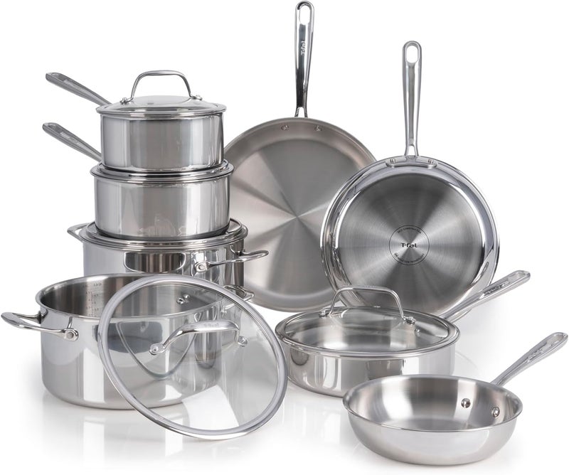 T-fal Tefal Pro Tri-Ply Stainless Steel Cookware Set 13 Piece, Induction Compatible Oven Safe 500F, Lids 350F, Fast & Even Heat, Professional Quality & Durability, Pots and Pans Set, Dishwasher Safe, Silver - Image 1