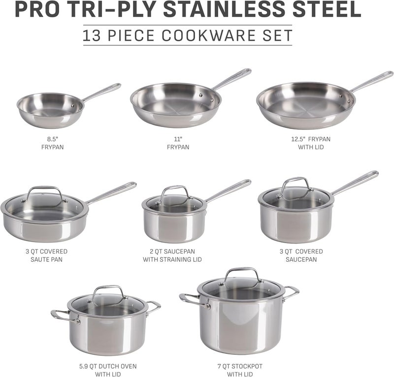 T-fal Tefal Pro Tri-Ply Stainless Steel Cookware Set 13 Piece, Induction Compatible Oven Safe 500F, Lids 350F, Fast & Even Heat, Professional Quality & Durability, Pots and Pans Set, Dishwasher Safe, Silver - Image 2