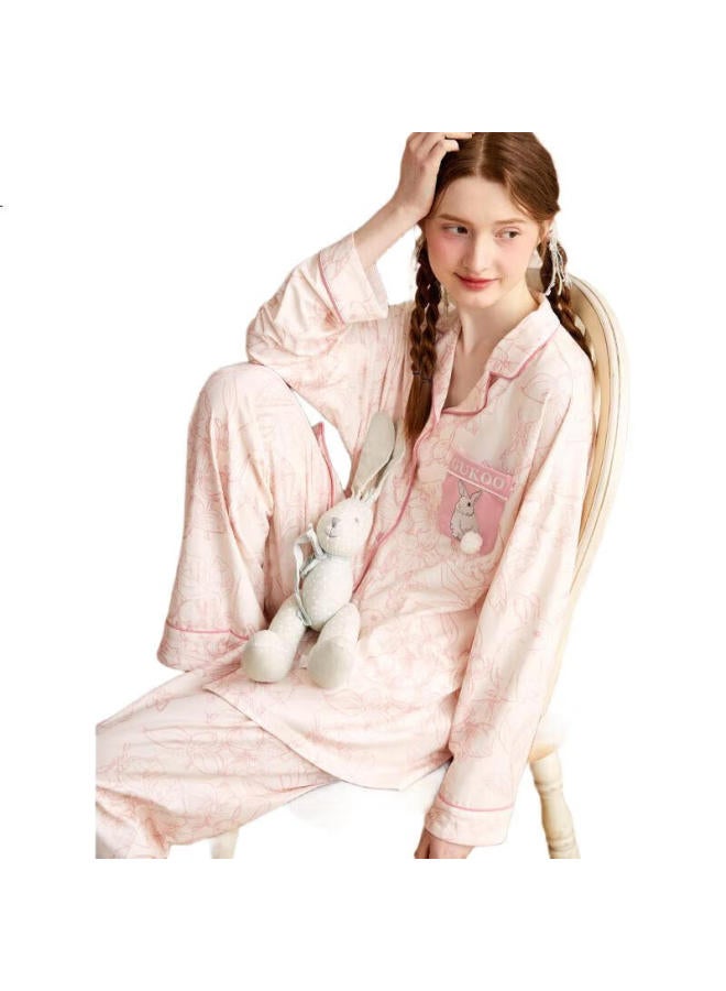 Gukoo Women'S Air-Conditioned Pajamas Spring And Autumn Full Printed Cute Rabbit Ladies Pajamas Sweet Home Wear Set Pink White S - Image 3