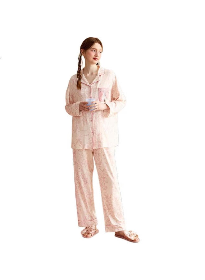 Gukoo Women'S Air-Conditioned Pajamas Spring And Autumn Full Printed Cute Rabbit Ladies Pajamas Sweet Home Wear Set Pink White S - Image 1
