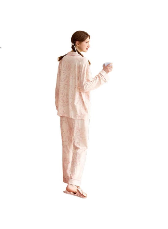 Gukoo Women'S Air-Conditioned Pajamas Spring And Autumn Full Printed Cute Rabbit Ladies Pajamas Sweet Home Wear Set Pink White S - Image 2