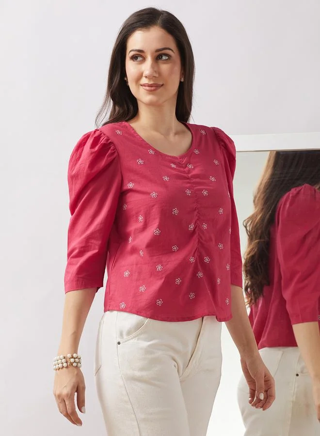 globus Women Pink Puff Sleeves Floral Embroidered Top