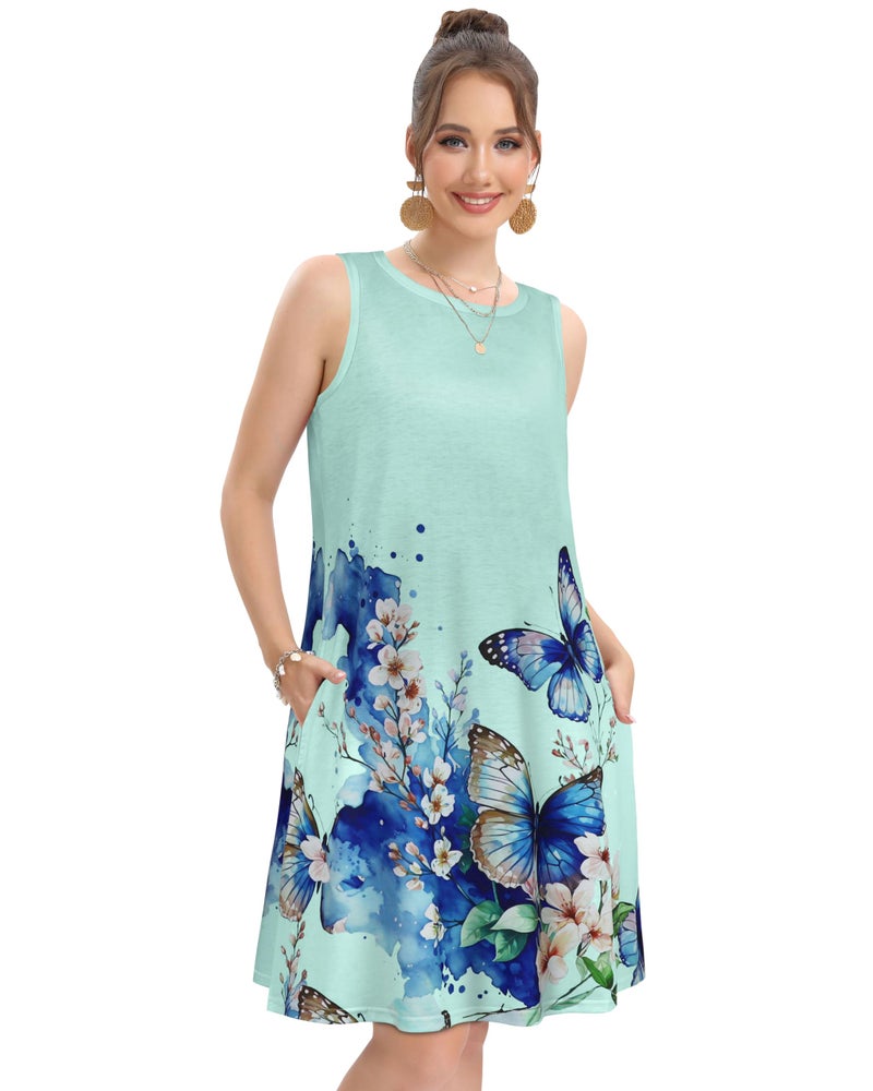 elescat Summer Dresses for Women Casual Beach Sleeveless Sundress Scoop Neck Swing Tank Dress with Pocket(Blue Butterfly Flower, L) - Image 2
