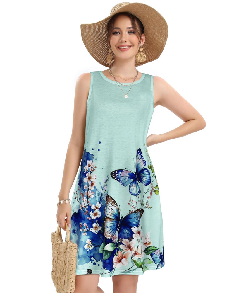 elescat Summer Dresses for Women Casual Beach Sleeveless Sundress Scoop Neck Swing Tank Dress with Pocket(Blue Butterfly Flower, L) - Image 3