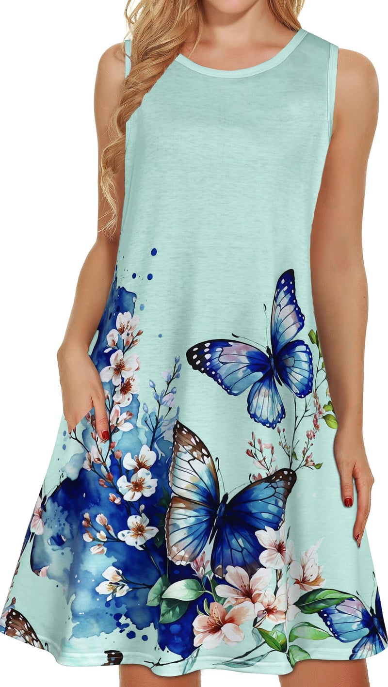 elescat Summer Dresses for Women Casual Beach Sleeveless Sundress Scoop Neck Swing Tank Dress with Pocket(Blue Butterfly Flower, L) - Image 1