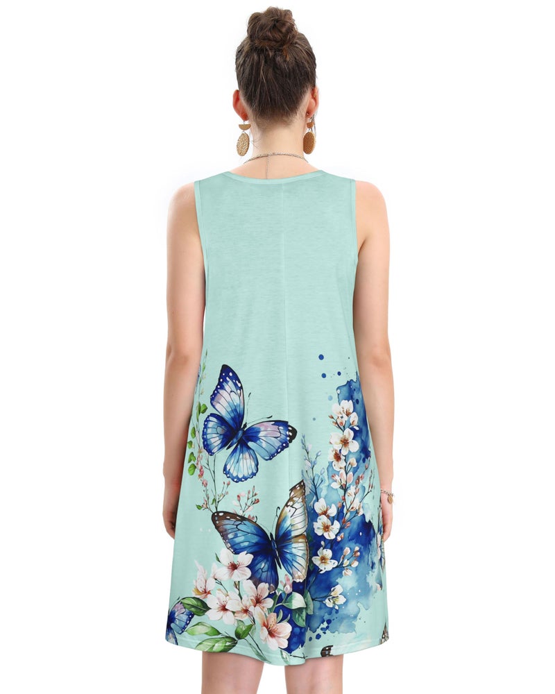 elescat Summer Dresses for Women Casual Beach Sleeveless Sundress Scoop Neck Swing Tank Dress with Pocket(Blue Butterfly Flower, L) - Image 5