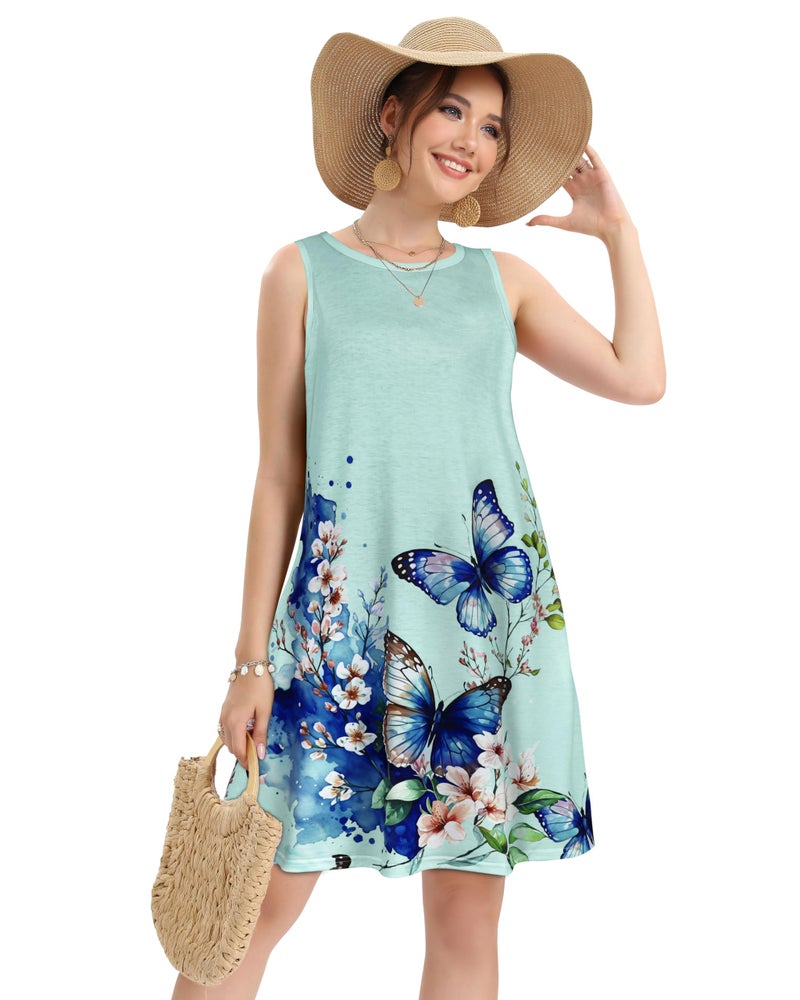 elescat Summer Dresses for Women Casual Beach Sleeveless Sundress Scoop Neck Swing Tank Dress with Pocket(Blue Butterfly Flower, L) - Image 4