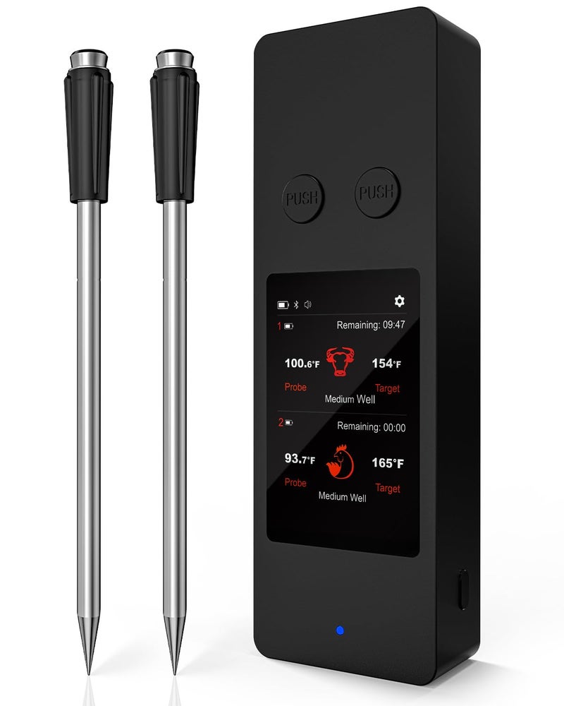 AWLKIM Bluetooth Wireless Meat Thermometer with App, Touch Screen, Audible Alarm, 2 Probes, 800ft Range & Rechargeable Base, Kitchen Food Thermometer for Cooking, BBQ, Smoker | Stocking Stuffers for Men - Image 1