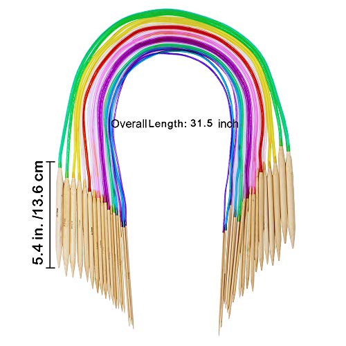 Exquiss Bamboo Knitting Needles Set, 18 Pairs Circular(31.5”) Wooden Knitting Needles with Colored Plastic Tube, 36PCS Single Pointed Bamboo Knitting Needle(9.5”), Include Knitting Tools for Weaving - Image 2
